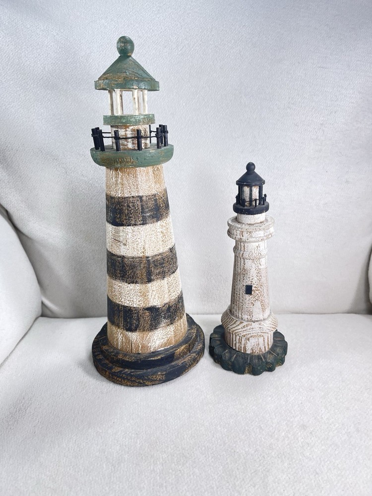Set 2 Rustic Wooden Lighthouses 13” & 8.75” Nautical Coastal Home Decor