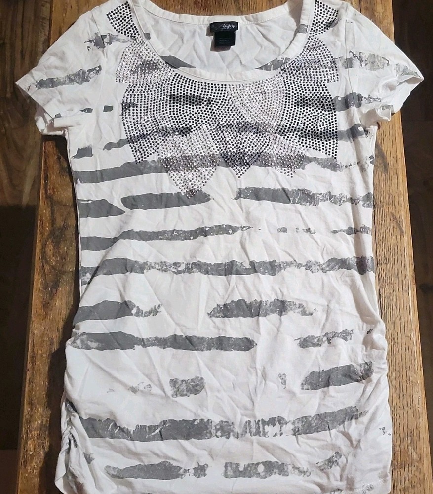 Daytrip White Gray Striped Rhinestone Scoop Neck Short Sleeve Cotton T-Shirt S
