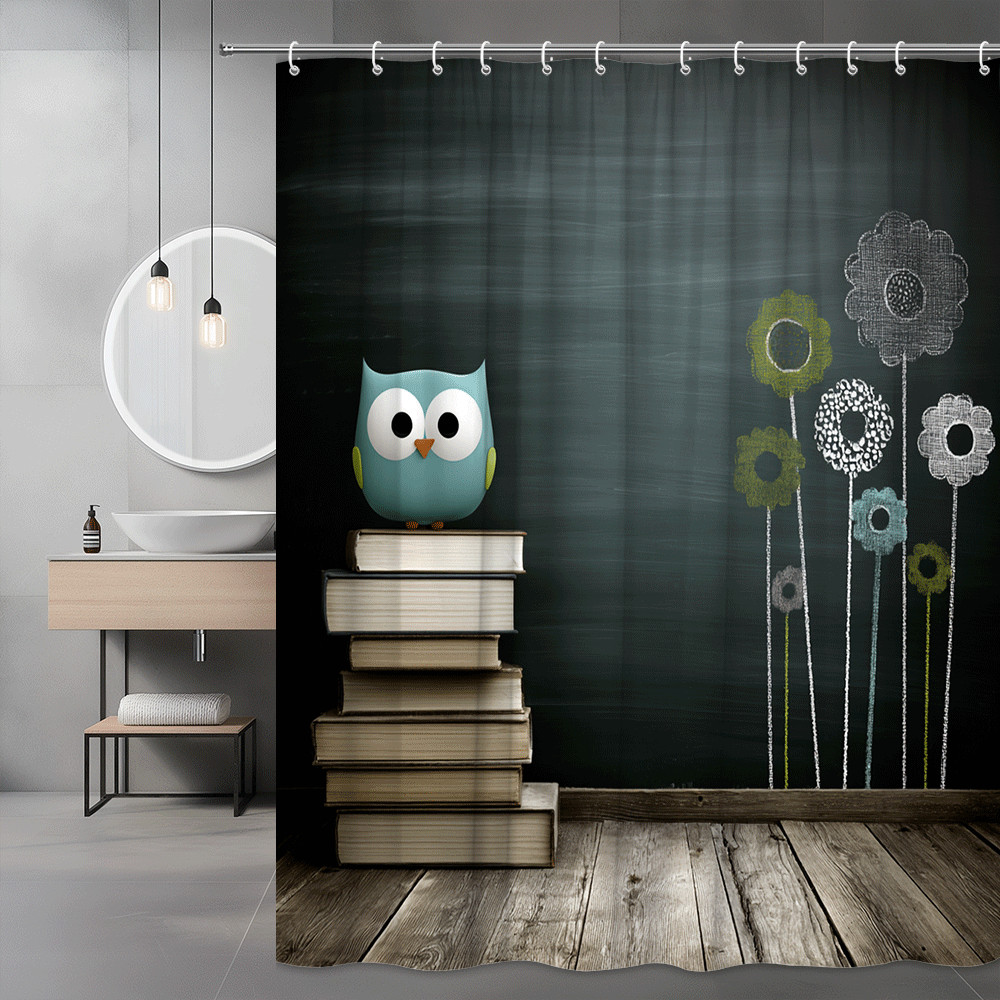 Owl Books Floral Shower Curtain Chalkboard Style Print