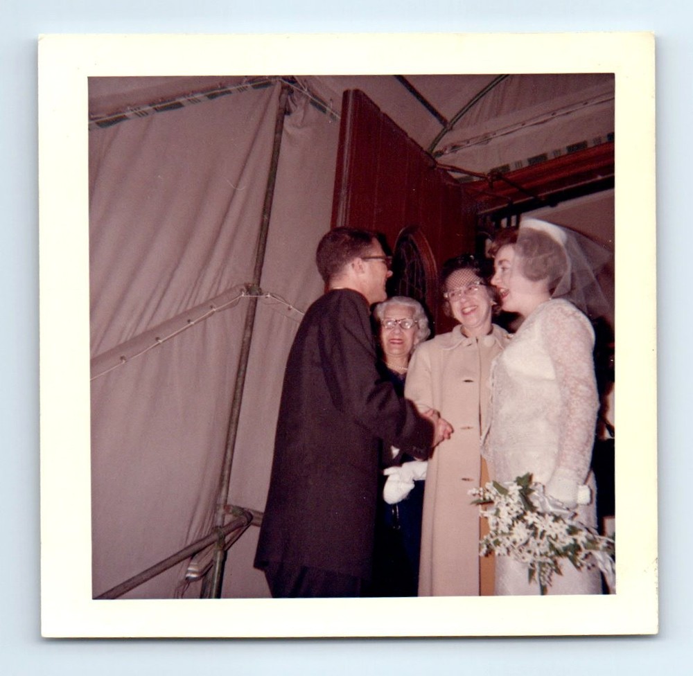 Old Vintage Square Color Photo MAN WOMAN BRIDE IN WEDDING DRESS SNAPSHOT