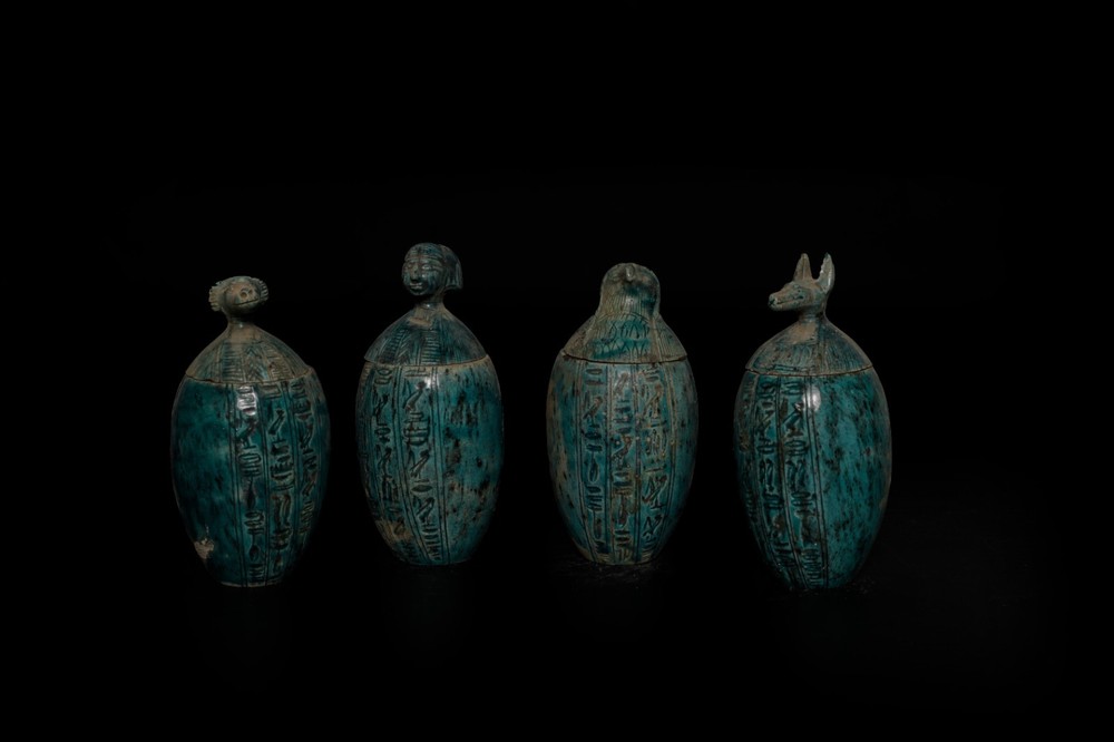 Ancient Egyptian Antiques Canopic Jars Set Blue Faience Horus Burial Vessels BC