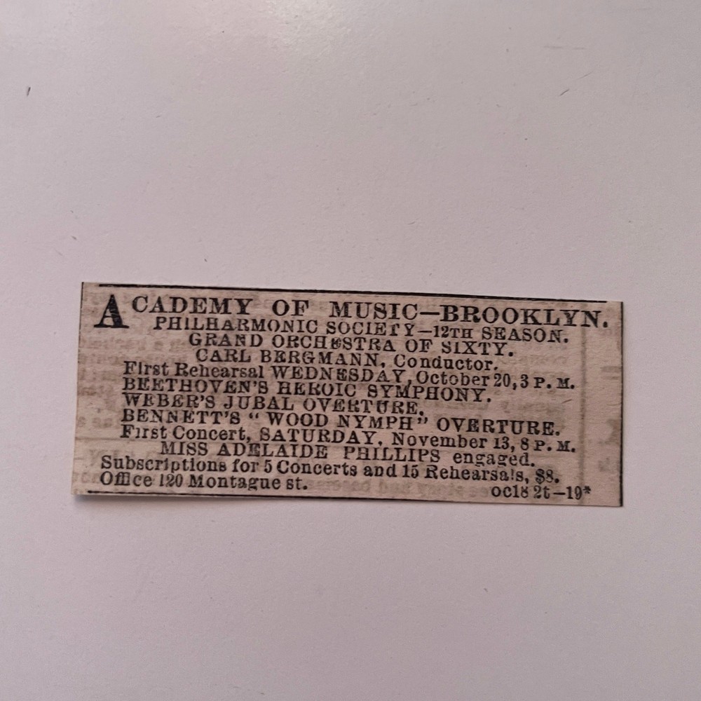 Academy Of Music Brooklyn Philharmonic Carl Bergmann 1869 NY Clipping SAJ7-S111-image