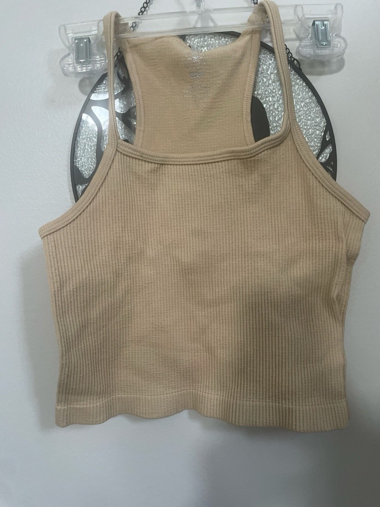 Aura Beige Ribbed High Neck Racerback Cropped Women's Tank Top M