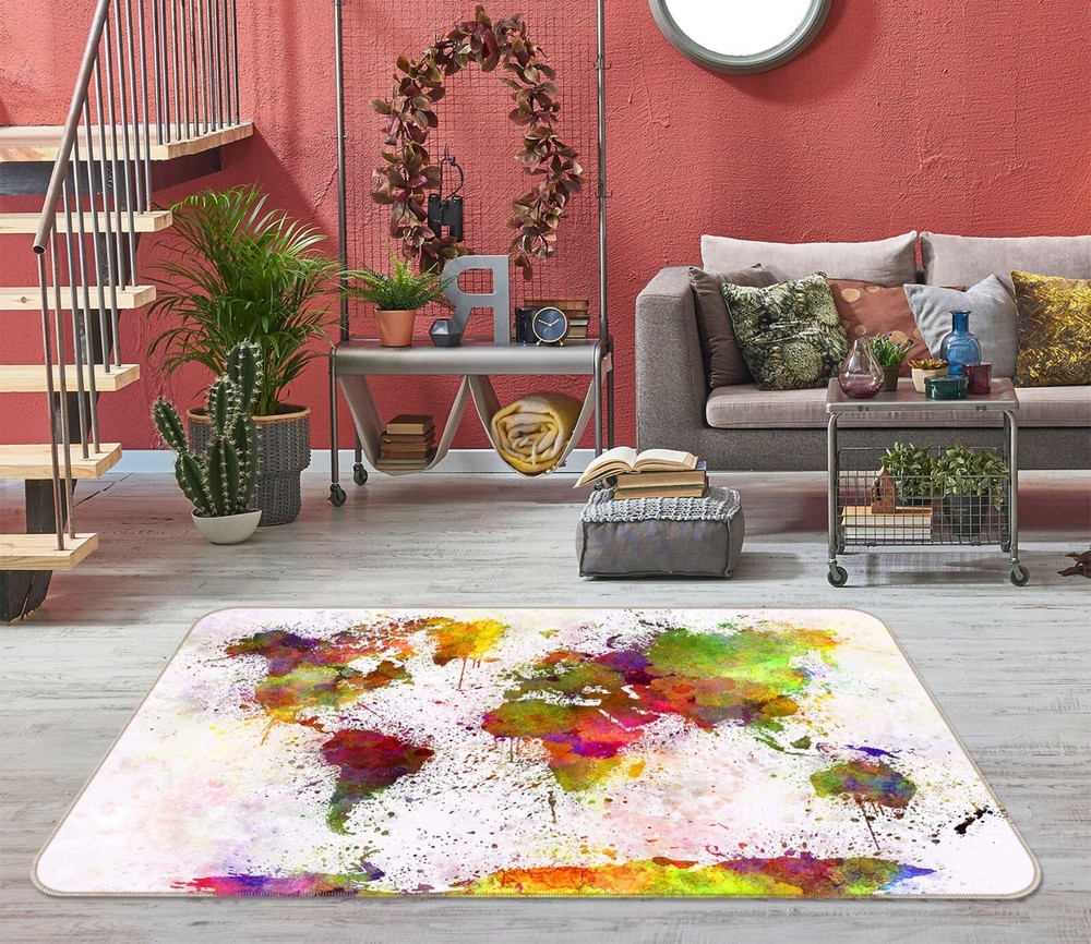 3D Watercolor World Map Non-Slip Rug Mat Elegant Photo Carpet Romy 373BNO