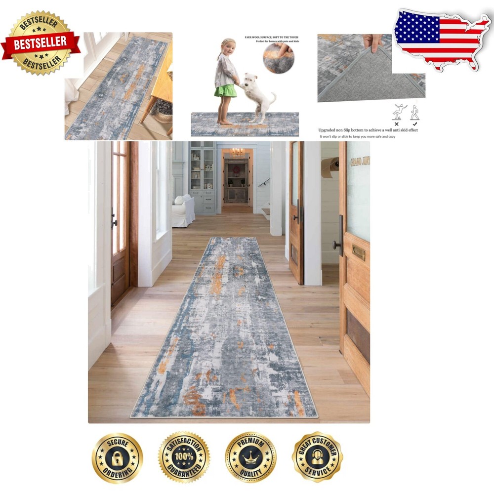 Abstract Grey Rust Runner Rug – Washable 2x10 Accent Rug for Indoors-image