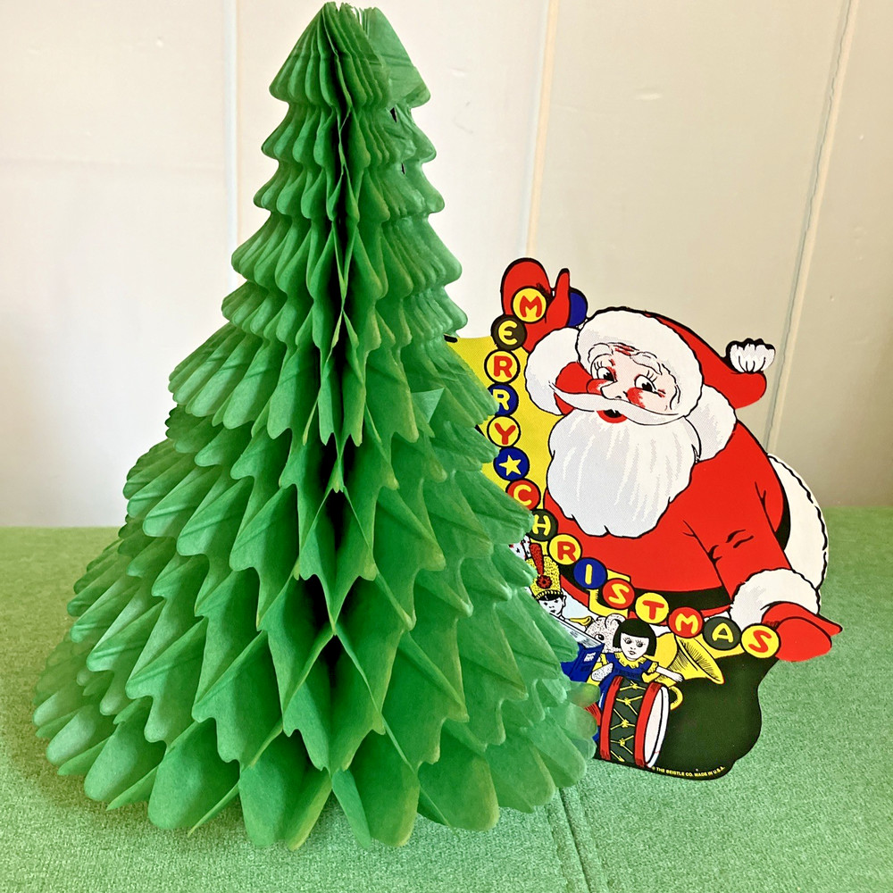 Vintage Beistle Santa / Honeycomb Tissue Paper Christmas Tree Die Cut Decoration