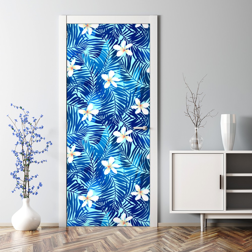 Frangipani flower Blue flowers removable Door sticker self adhesive Watercolour
