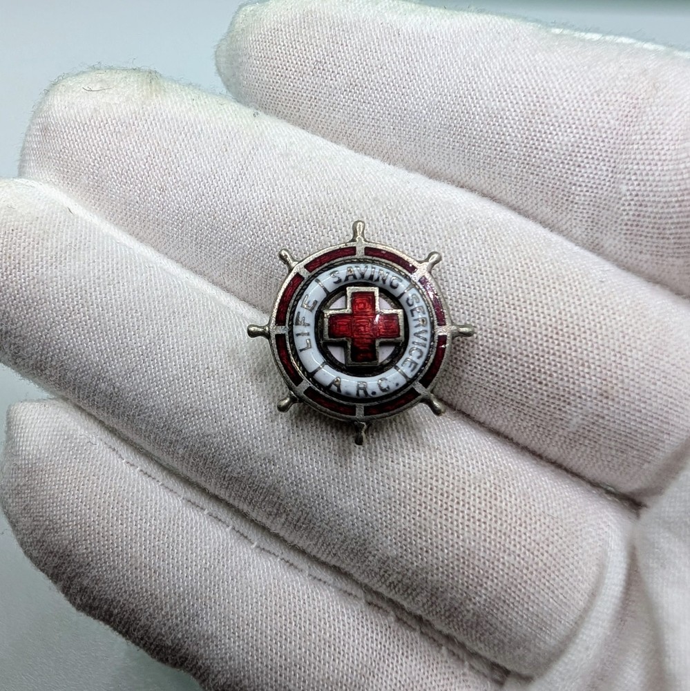 Vintage Red Cross A.R.C. Life Saving Service Ships Wheel Enamel Lapel Pin