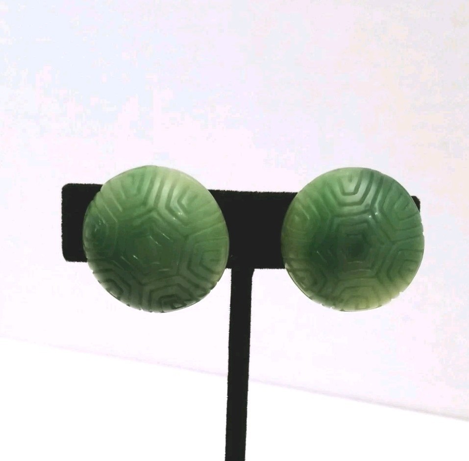 Crown Trifari Lucite Faux Carved Jade Gold Tone Clip Earrings Marked Vintage