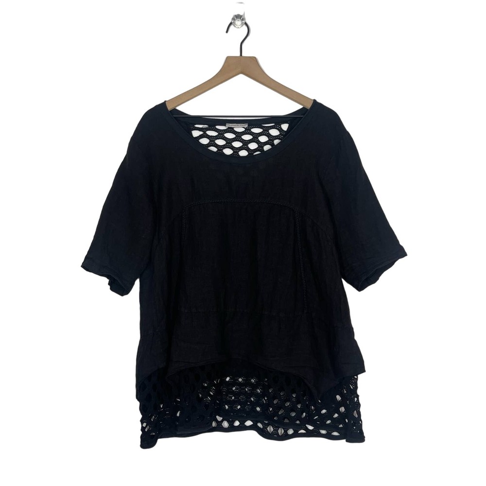 Made in Italy Mesh Layered Top Women's Size Large Black 100% Linen Short Sleeve