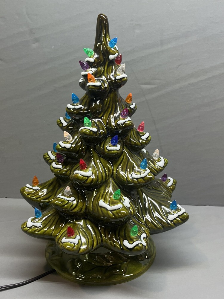 Vintage 1970s Green Ceramic Christmas Tree Multi Colored Snow Tipped Bulbs  16”