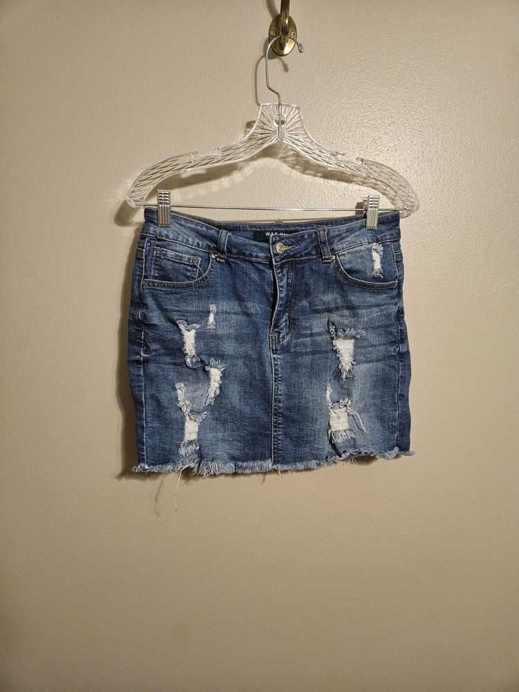 Wax Jeans Womens Mini Skirt Distressed Ripped Stretch Denim Blue Size L