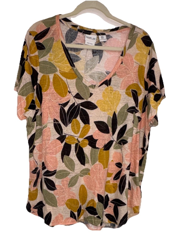 Rachel Zoe NWOT Women Sz 1X Multicolor Floral 100% Linen V-Neck Short Sleeve Top