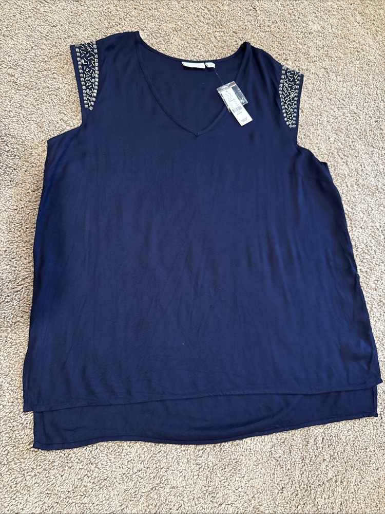 NWT New York & Company Size XL Women's Navy Blouse Shirt Top Sequin Sleeves NEW