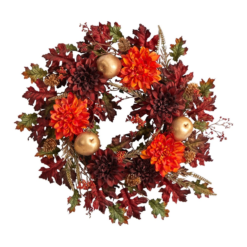 24-Inch Autumn Wreath with Orange Dahlia Oak Leaves and Berries