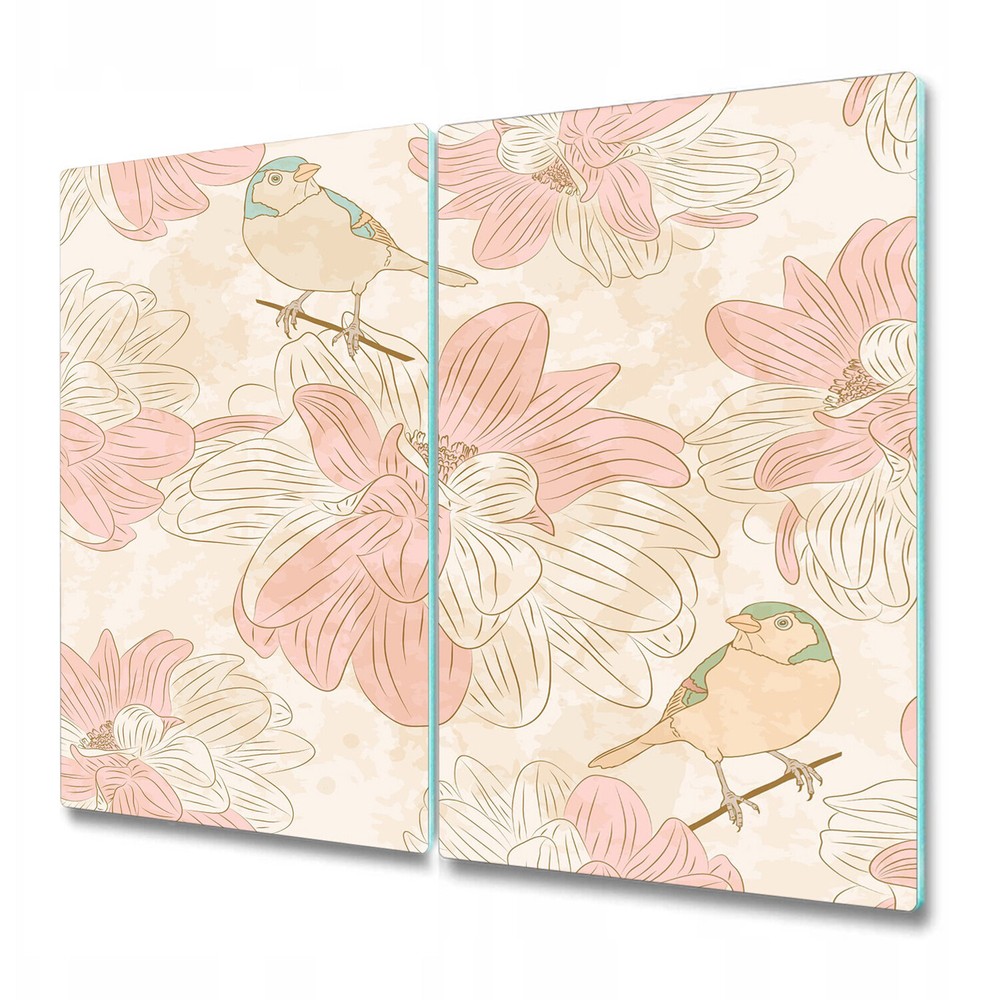 Glass Chopping Serving Board Worktop Saver Beige birds light pink 2x30x52
