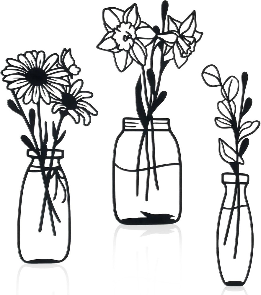 3 Pieces Black Metal Flowers Wall Decor Metal Wall Art Metal Minimalist Wall ...