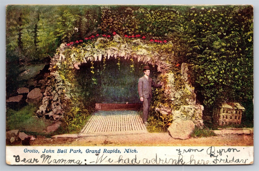 John Ball Park Grotto Flowers Lined Grand Rapids MI C1907 Postcard N24