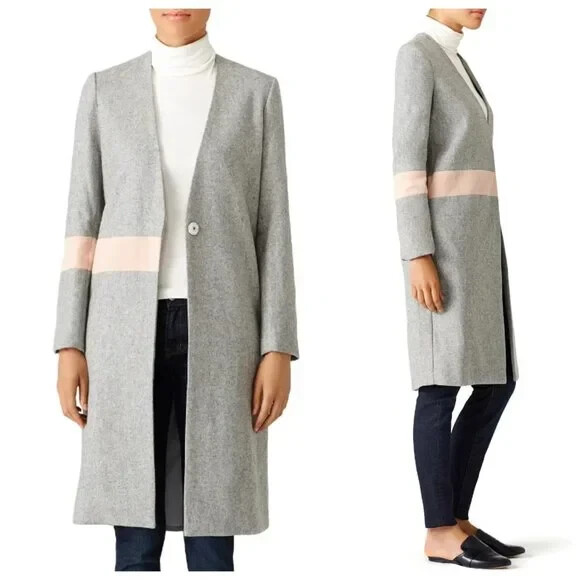 Elliatt Grey Wool Pink Stripe Abstract Long Coat with Belt-image
