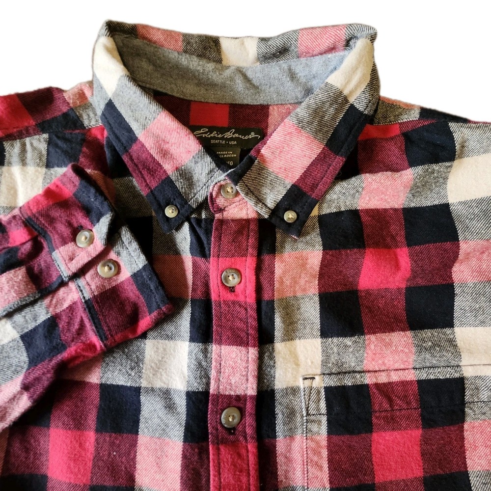 EDDIE BAUER Mens 2XL Red Black Gray Plaid Button Up Flannel Shirt Long Sleeve