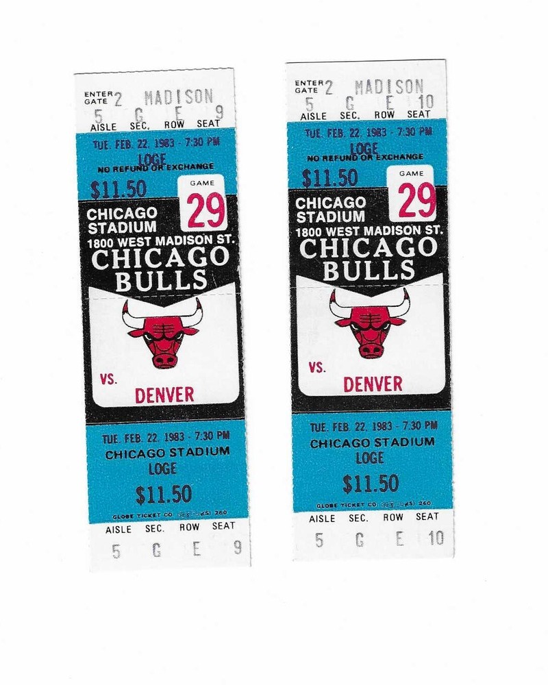Chicago Bulls vs Denver Nuggets Unused Basketball Tickets From 2/22/1983