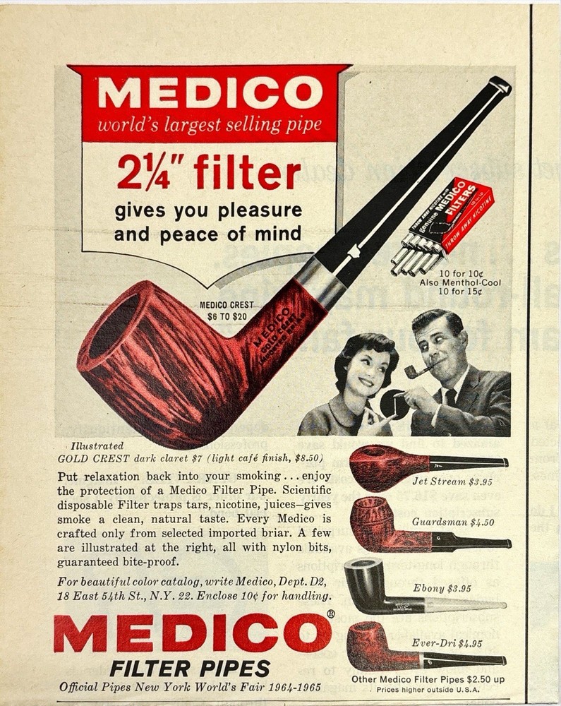 Medico Filter Pipes: Gives you Pleasure and Peace of Mind Vintage Print Ad 1964