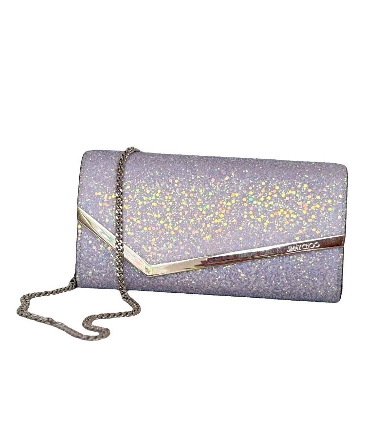 Jimmy Choo Glitter Evening Clutch Chain-Link Strap Silver UK Purchase