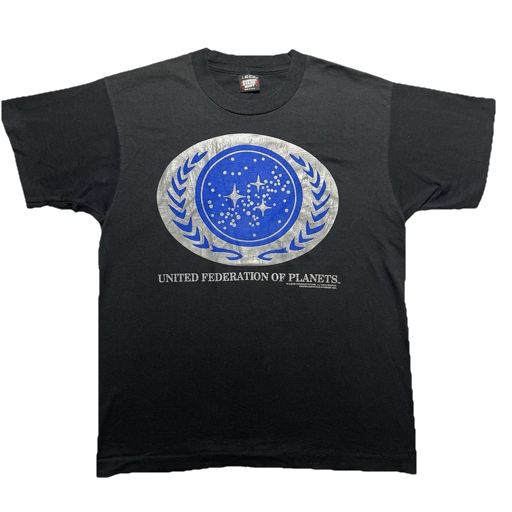 Vintage 90s Star Trek Federation Planets T Shirt Mens L Black 1991 Single Stitch