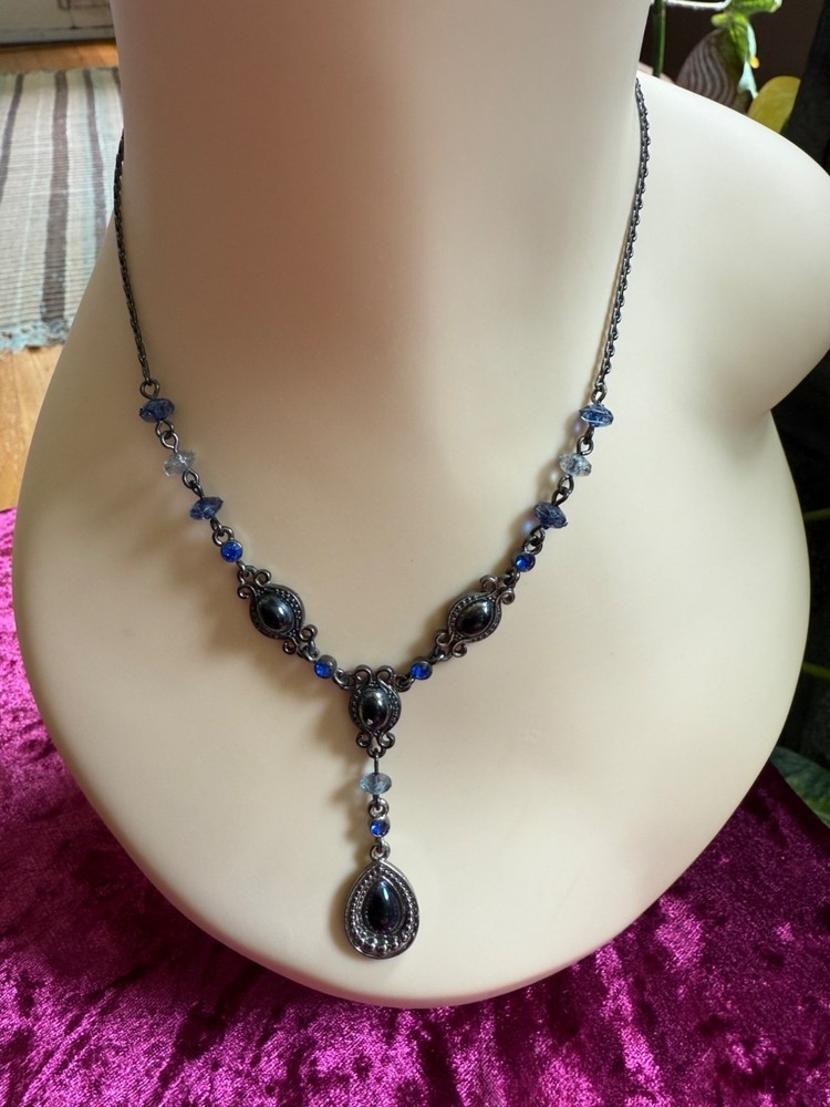 Avon Faux Onyx, blue rhinestone & Silver Tone Vintage Necklace