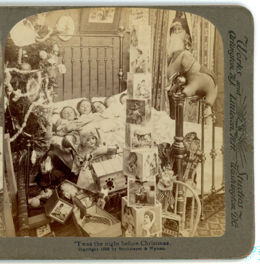 Girls in bed the night before Christmas Underwood Stereoview