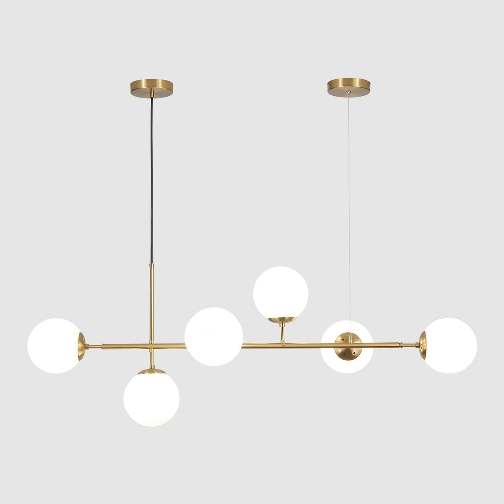 Modern 6-Light White Milk Glass Globe Linear Chandelier Lighting