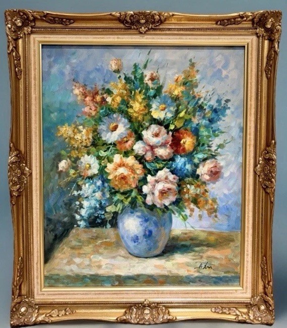 Vintage Floral Oil Painting Still Life Large 30 X 26” Ornate Gold Frame Signed