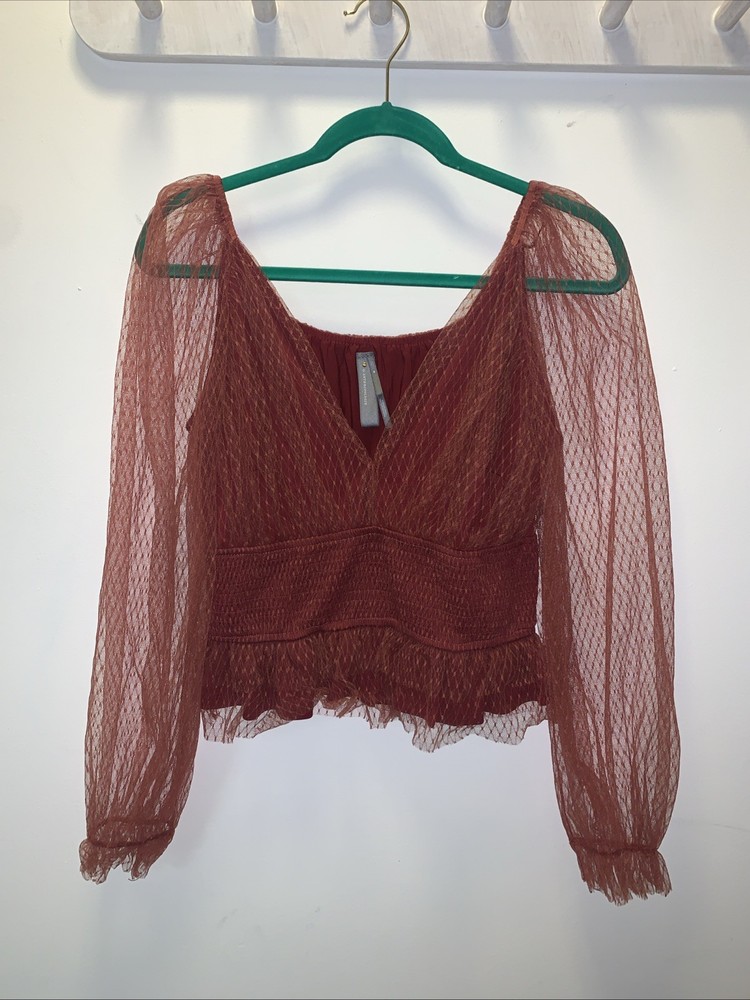 By Anthropologie Sheer Tulle Sleeve Smocked Waist Peplum Top Burgundy Women's M