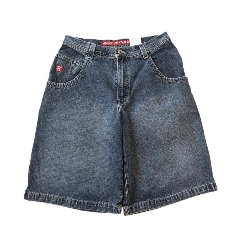JNCO Men's Denim Jean Shorts Size 34 Embroidered Bulldog Y2K RARE