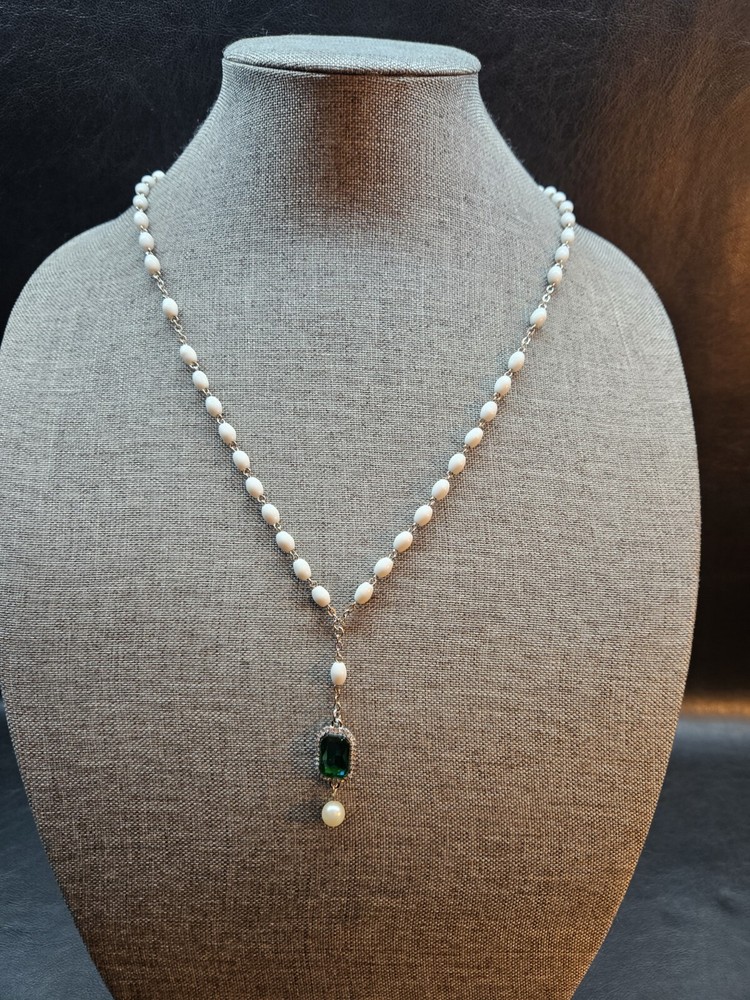 Vintage Green Rhinestone Rosary Necklace with White Beads