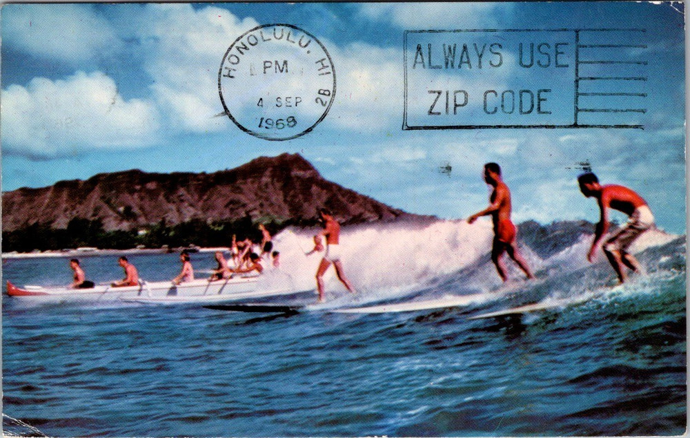1968 Waikiki Hawaii Surfing & Outrigger Canoe Chrome Postcard – Honolulu