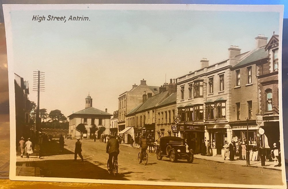 Irish RPPC Real Photo HIGH STREET in ANTRIM TOWN Hand-Color No. Ireland Milton