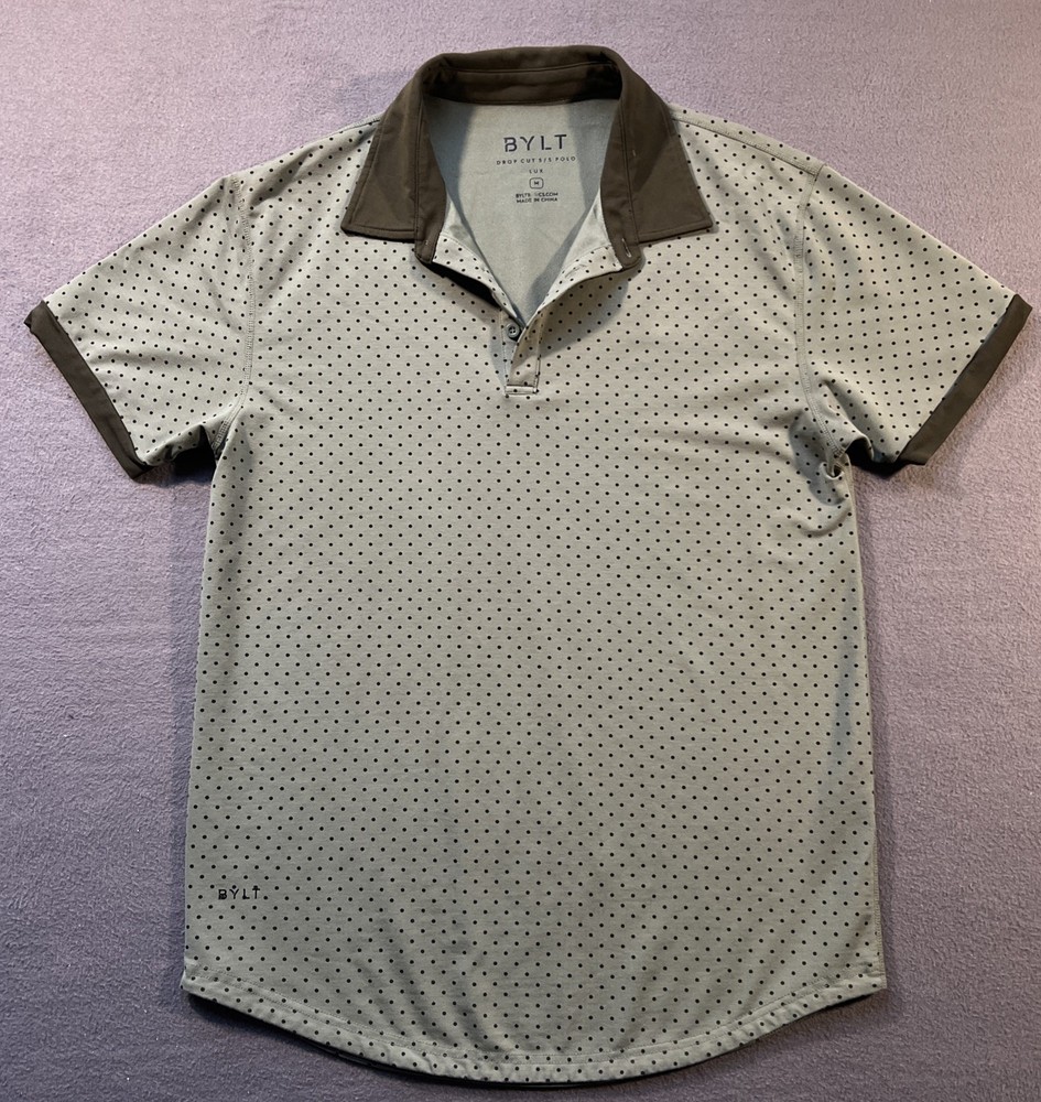 BYLT Golf Polo Shirt Mens Medium Sage Polka Dot  Drop Cut Performance Putting