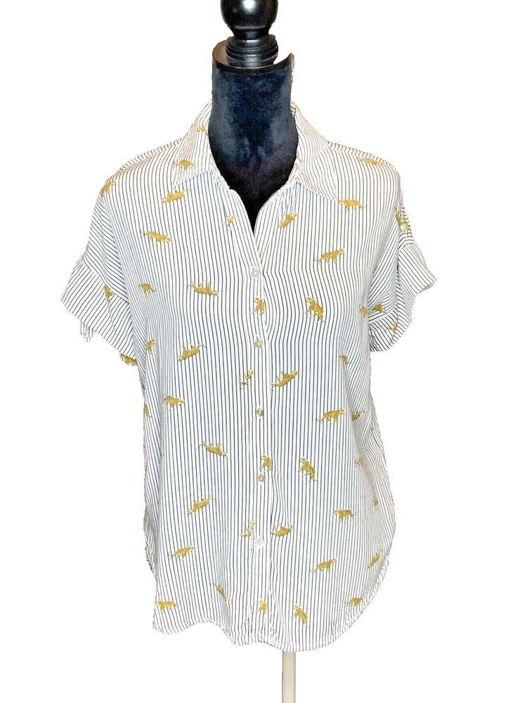 Jane and Delancey Shirt Womens Small White Tiger Print Roll Tab Sleeves Modern