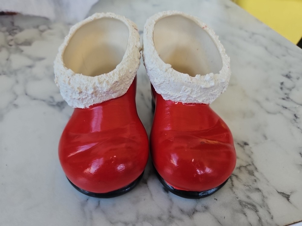 Vintage Ceramic Christmas Santa Claus Boots Candy dish Planter, Red & White