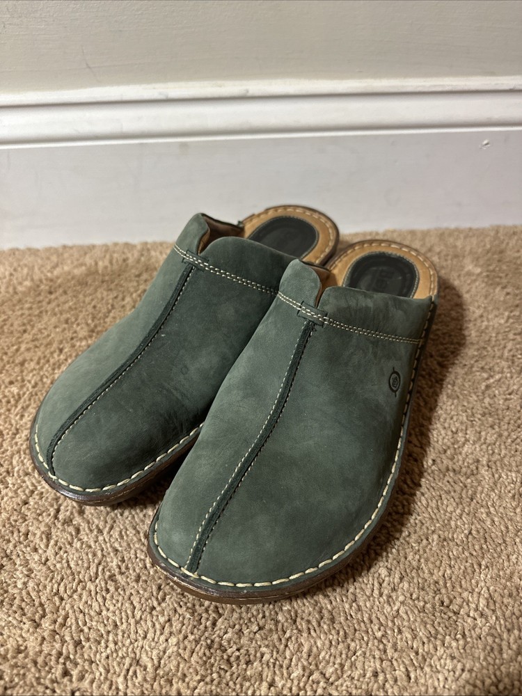 Born Women’s Slip On Wedge Clog Green Leather Seude Size 9
