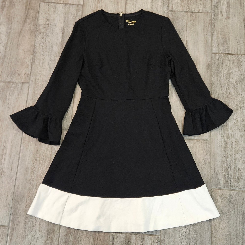 Kate Spade New York Black Fit Flare Dress Size M Bell Sleeve Ponte Colorblock
