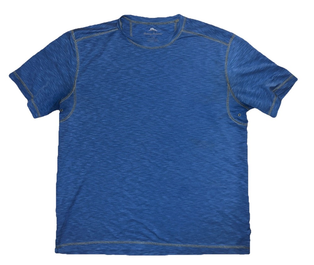 Tommy Bahama Blue Knit Crew Neck Short Sleeve T-Shirt Contrast Stitching Large L