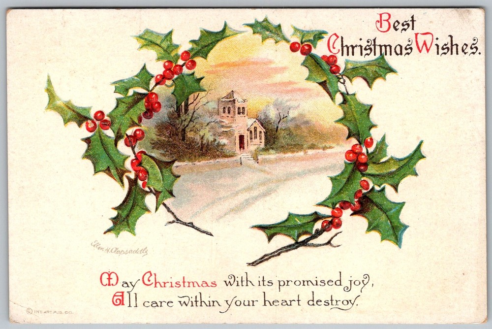 Antique Postcard Christmas Church Holly Wreath 1910s