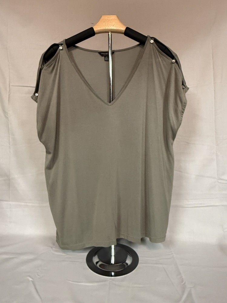 Women's Lucky Brand Cold Shoulder Short Sleeve Top Size Large Green With Buttons