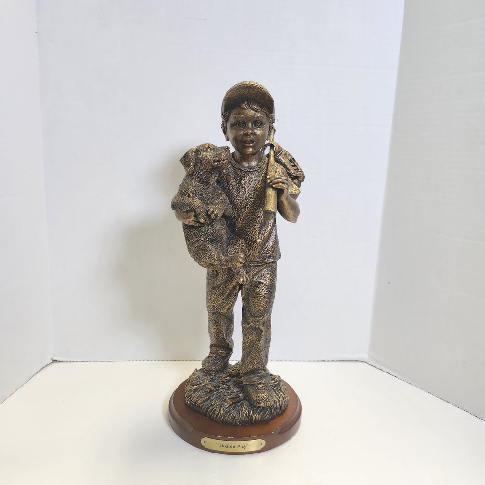 Goldtone 7X16 Inch Baseball Player and Dog Sculpture Figurine