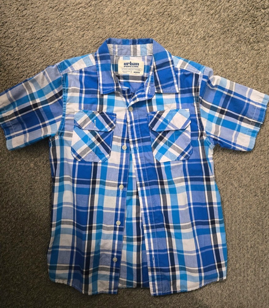 Urban Pipeline Boys Size Medium Short Sleeve Button Up Shirt Blue Plaid Collared