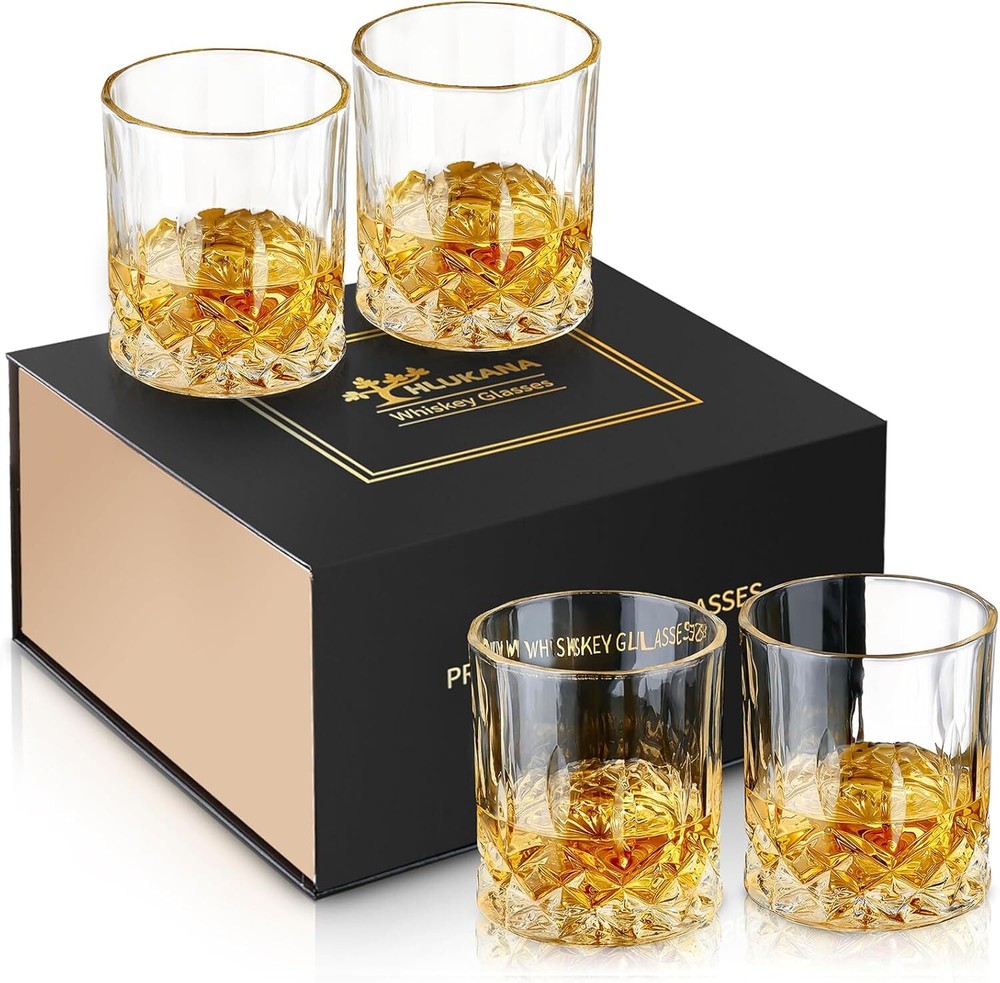 Waterford Style Double Old Fashioned Whiskey Glasses Set of 4 Crystal Scotch Tumblers
