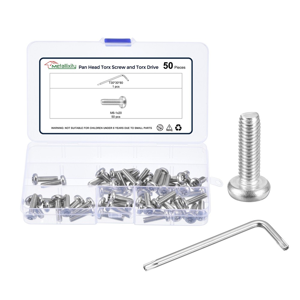 M6-1x20mm Pan Head Torx Screws 50Pcs Stainless Steel 304 Silver Tone