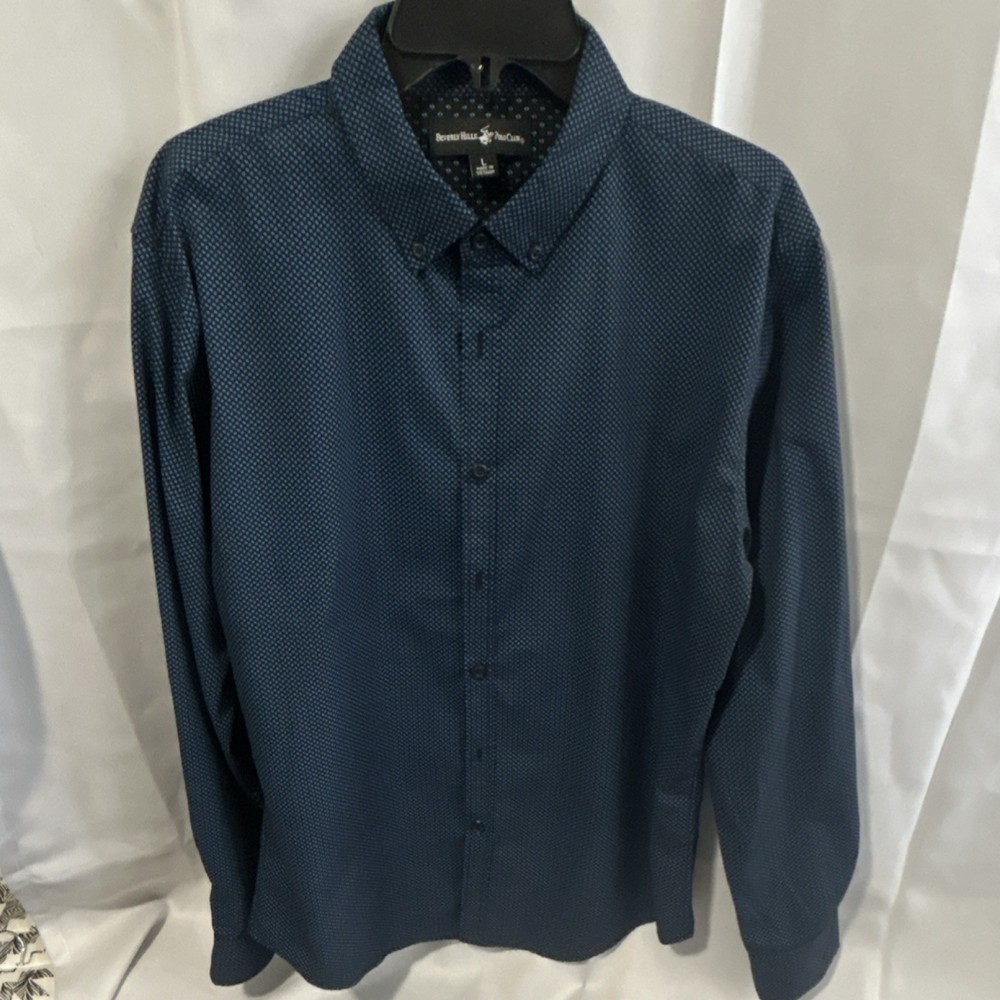 Beverly Hills Polo Club Shirt Mens L Blue Geometric Casual Button-Up Long Sleeve